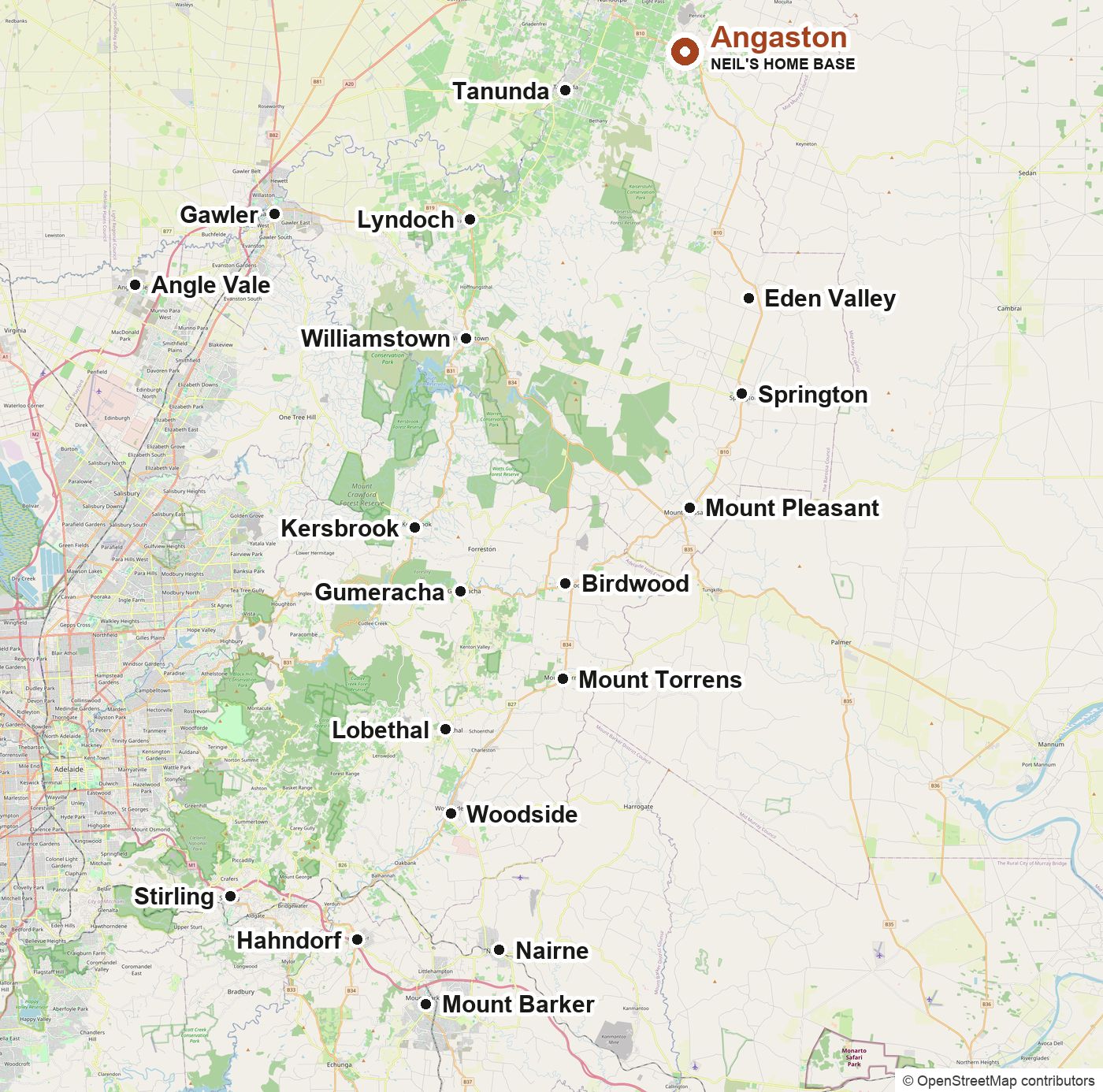 Map showing Adelaide Hills and Neil's home base in Angaston, with nearby towns