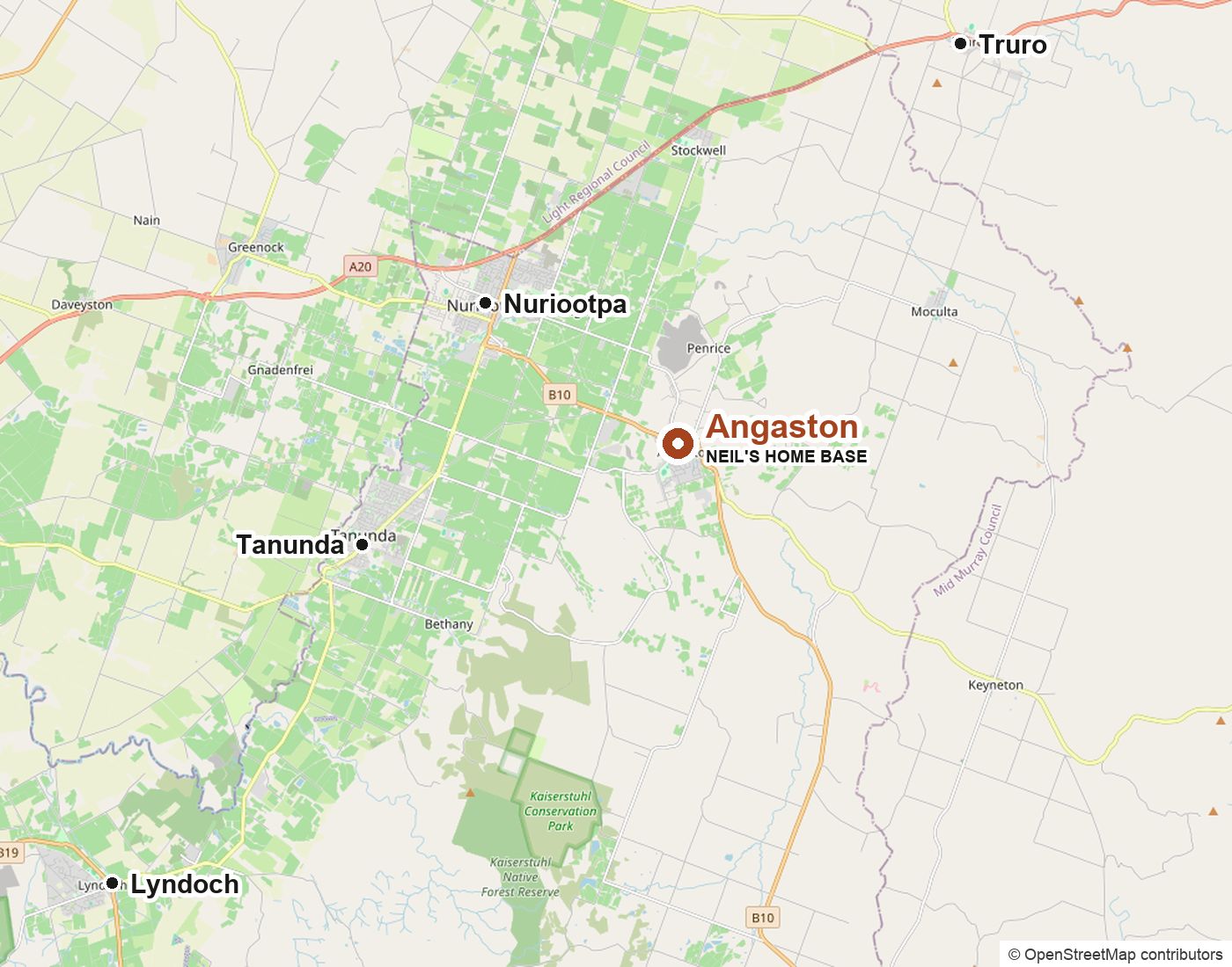 Map showing Angaston and Neil's home base in Angaston, with nearby towns