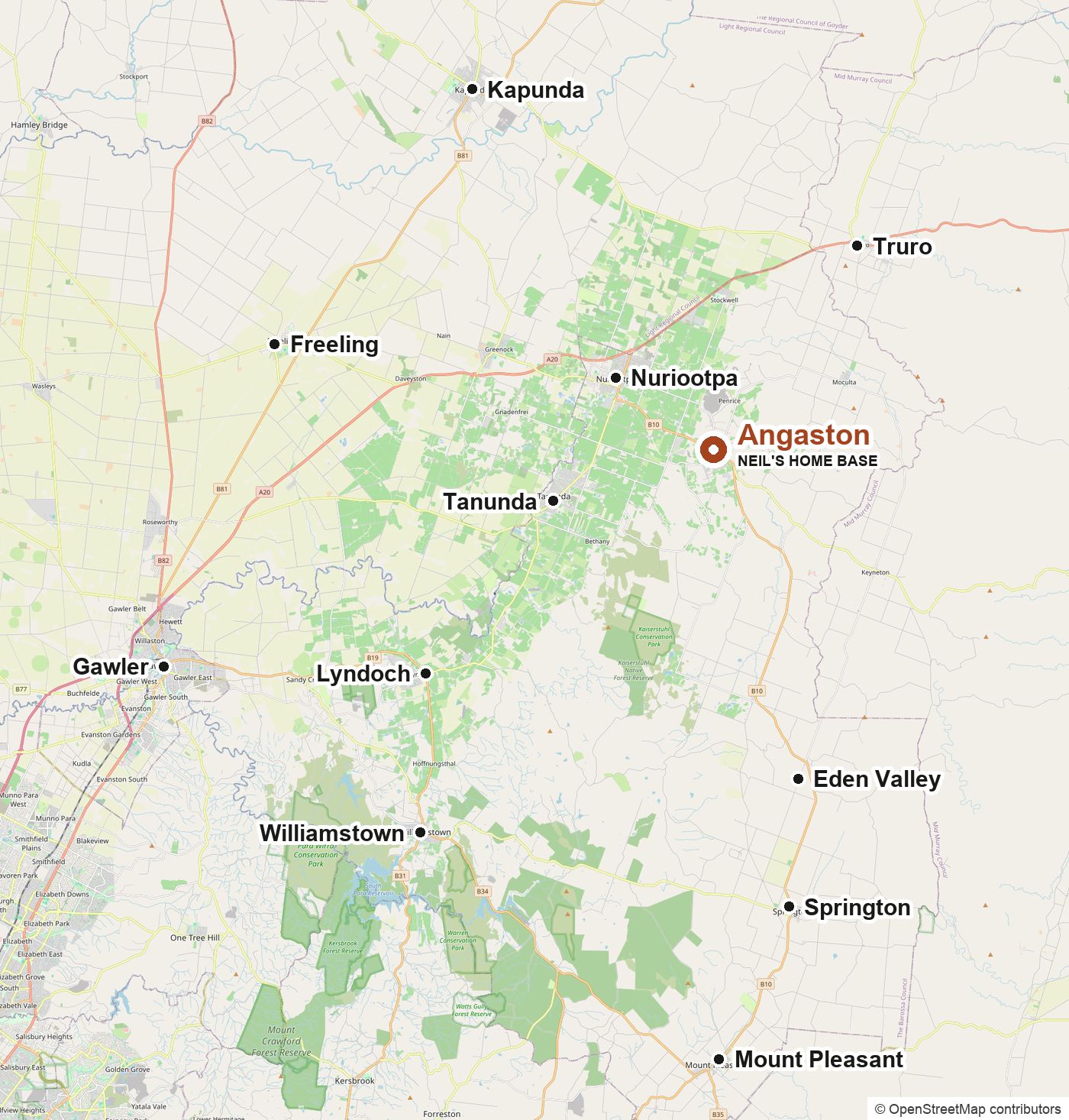 Map of the Barossa Valley towns Neil works in, with his home base in Angaston