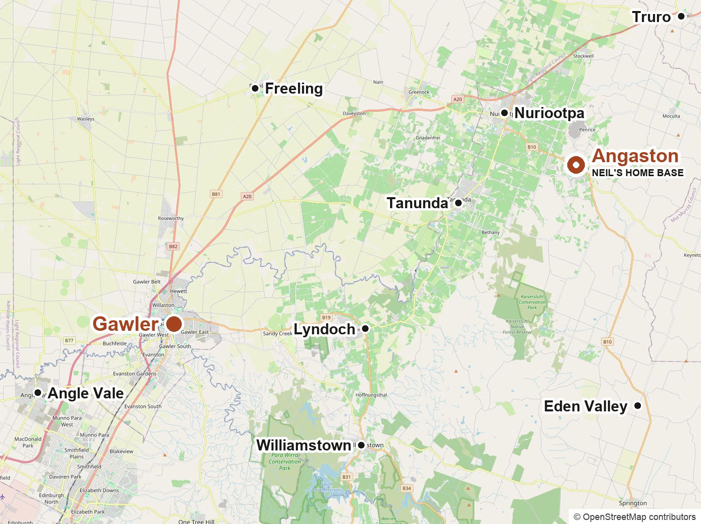 Map showing Gawler and Neil's home base in Angaston, with nearby towns
