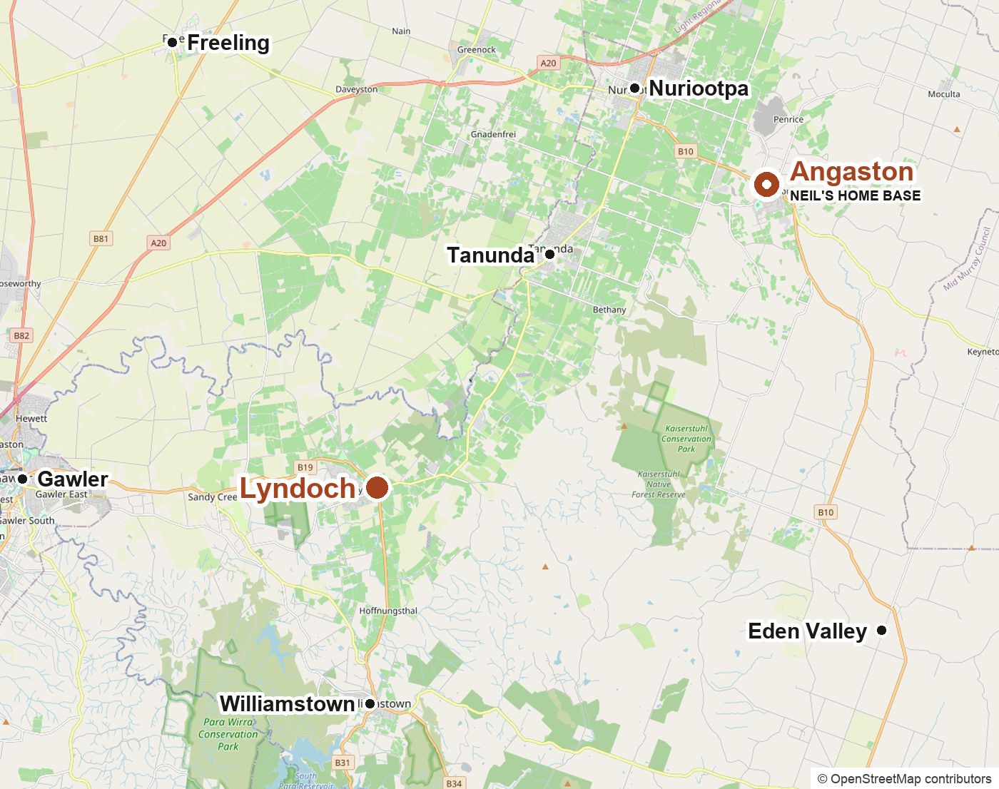 Map showing Lyndoch and Neil's home base in Angaston, with nearby towns