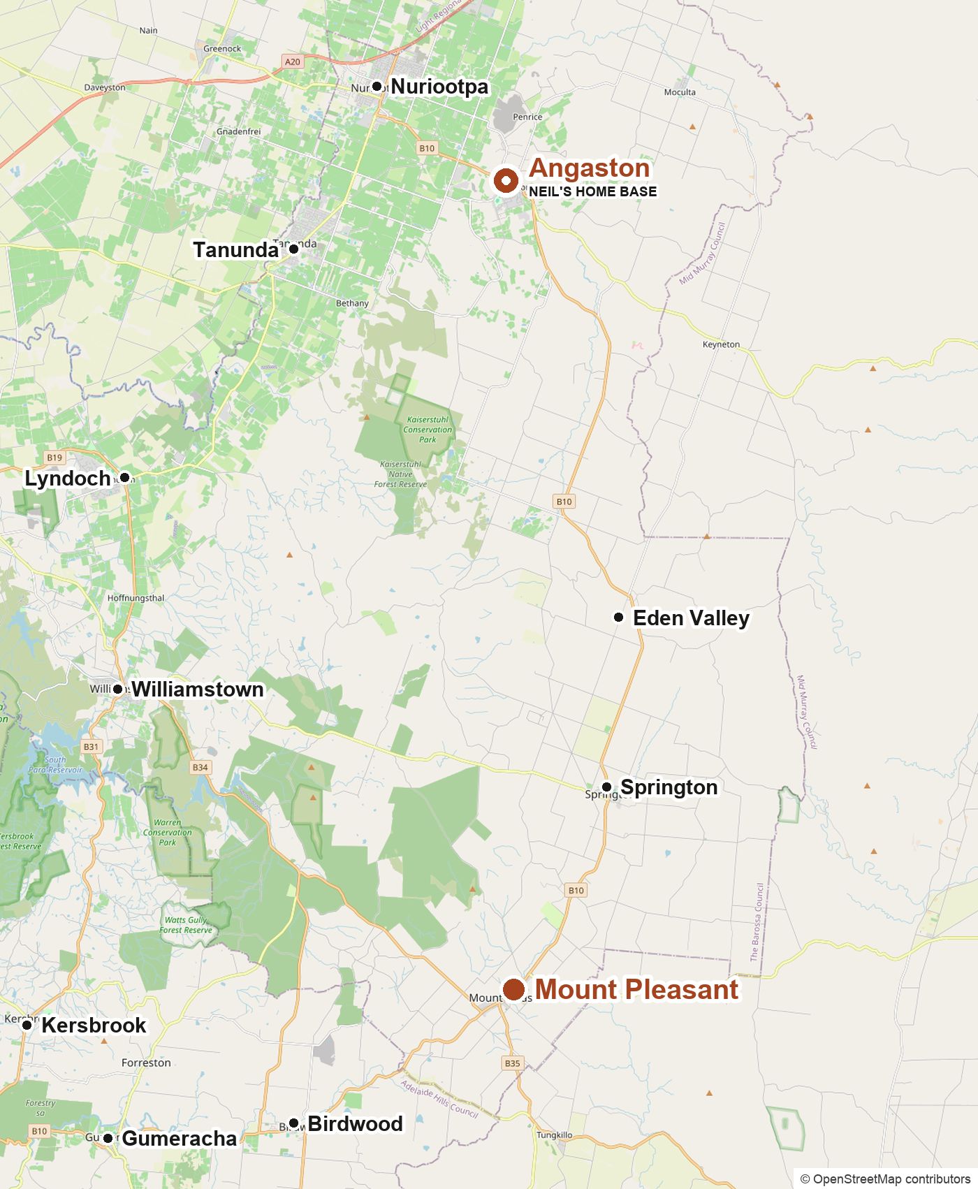 Map showing Mount Pleasant and Neil's home base in Angaston, with nearby towns