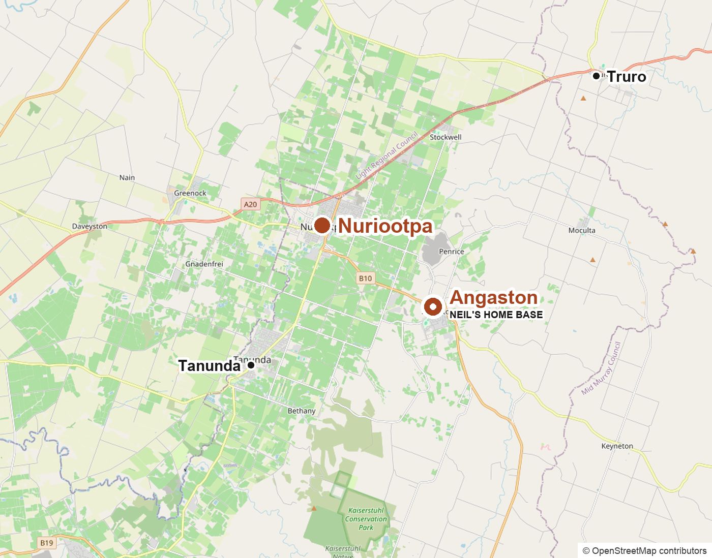 Map showing Nuriootpa and Neil's home base in Angaston, with nearby towns