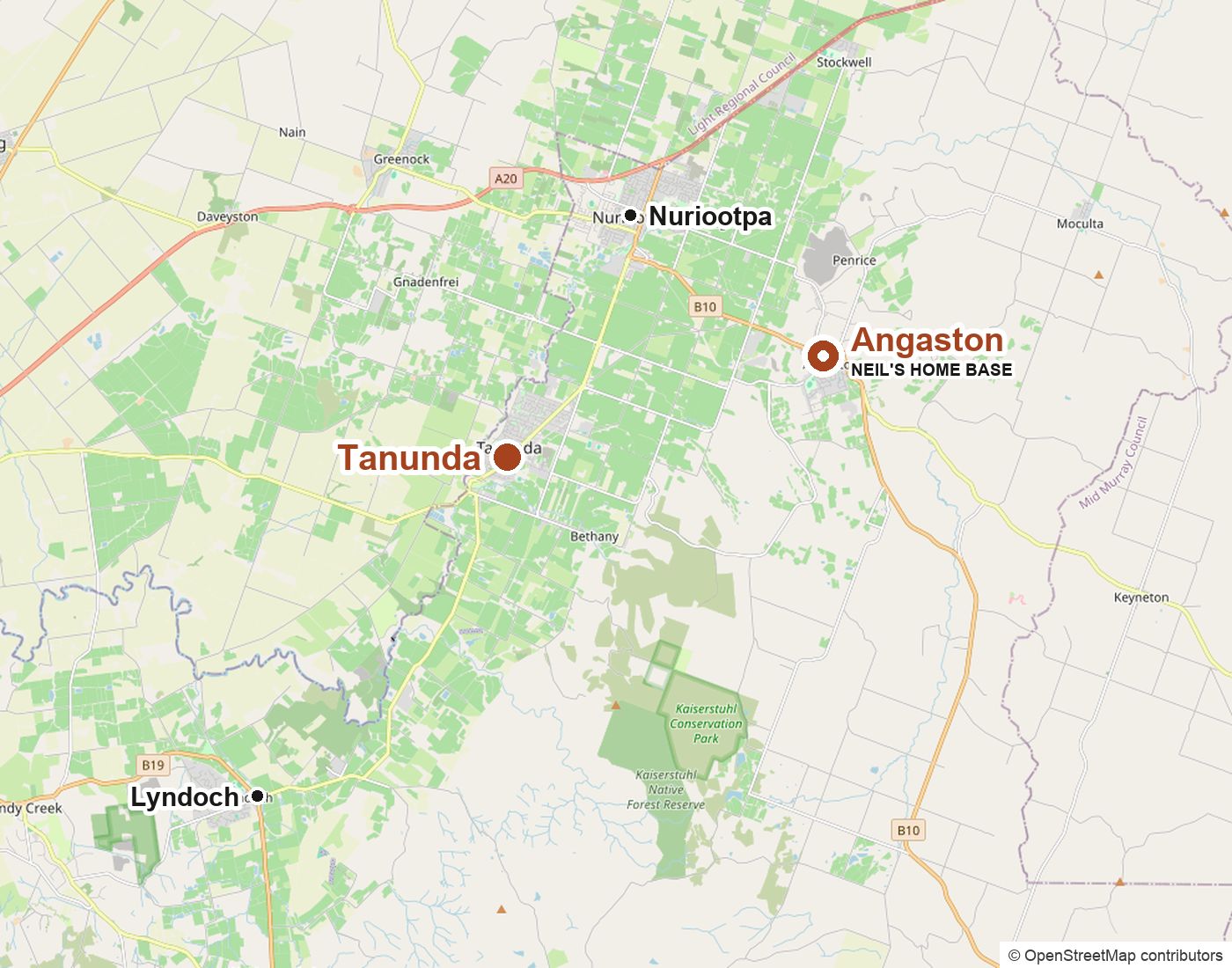 Map showing Tanunda and Neil's home base in Angaston, with nearby towns