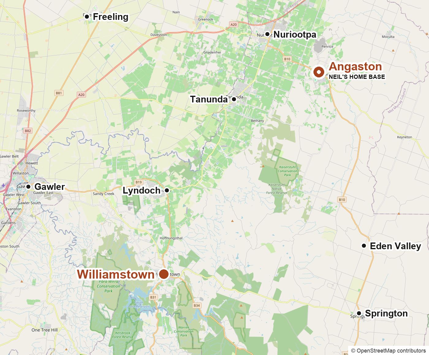 Map showing Williamstown and Neil's home base in Angaston, with nearby towns