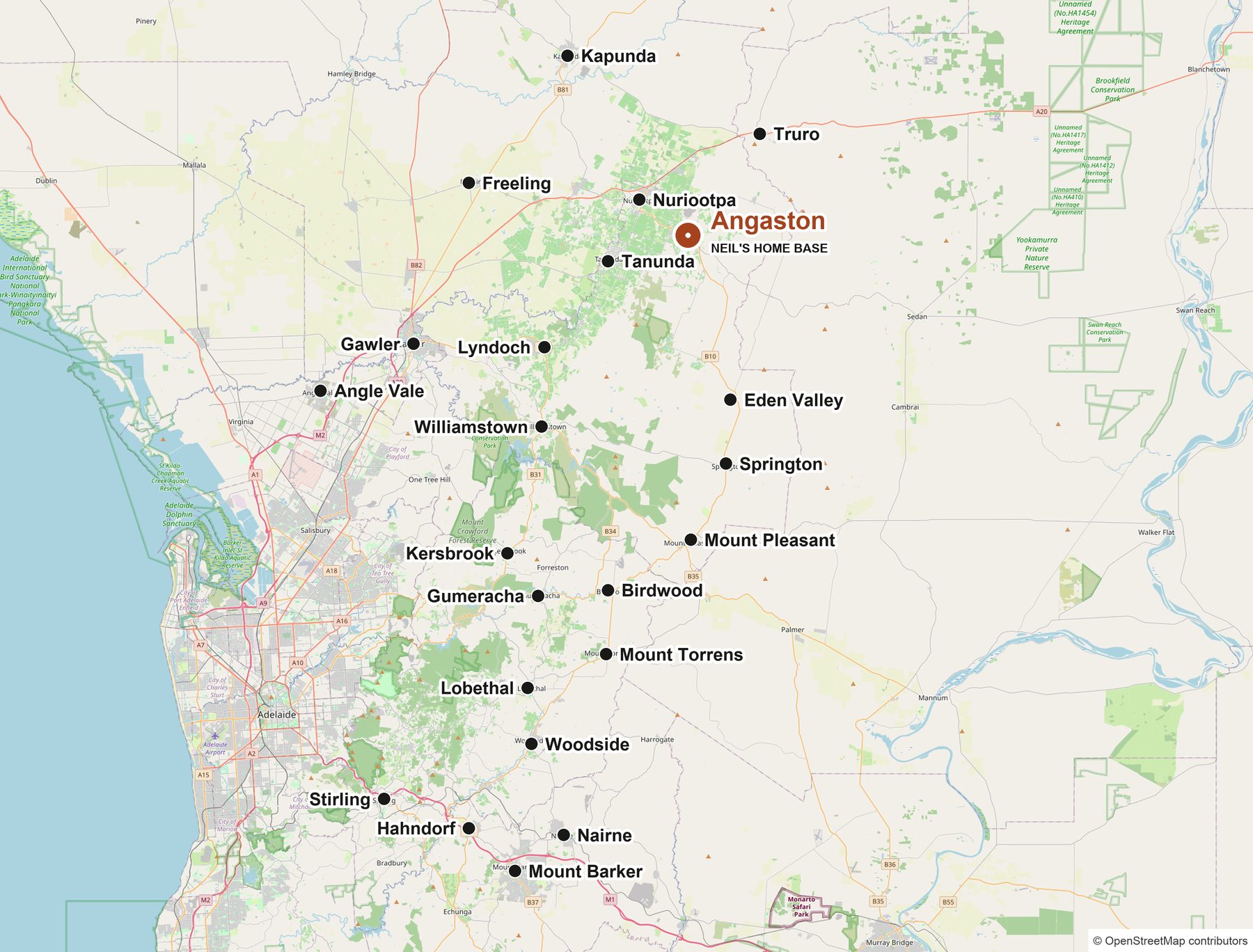 Map of the area Neil works in: Angaston home base, with Kapunda, Truro, Freeling, Nuriootpa, Tanunda, Lyndoch, Gawler, Angle Vale, Williamstown, Eden Valley, Springton, Mount Pleasant, Kersbrook, Gumeracha, Birdwood, Mount Torrens, Lobethal, Woodside, Stirling, Hahndorf, Nairne and Mount Barker marked