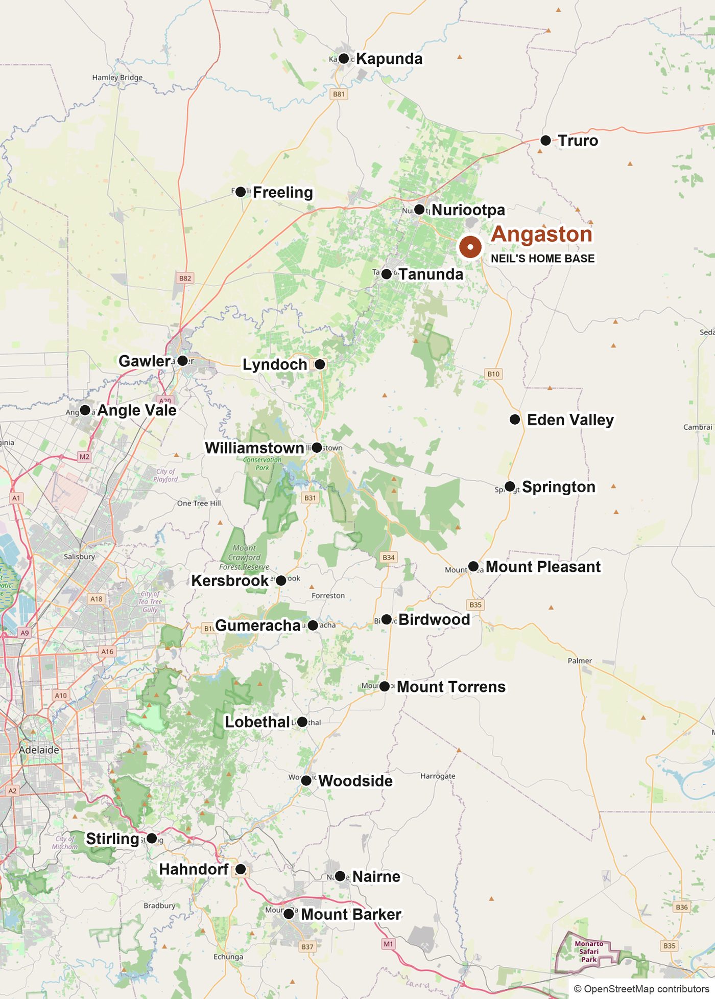 Map of the area Neil works in: Angaston home base, with Kapunda, Truro, Freeling, Nuriootpa, Tanunda, Lyndoch, Gawler, Angle Vale, Williamstown, Eden Valley, Springton, Mount Pleasant, Kersbrook, Gumeracha, Birdwood, Mount Torrens, Lobethal, Woodside, Stirling, Hahndorf, Nairne and Mount Barker marked